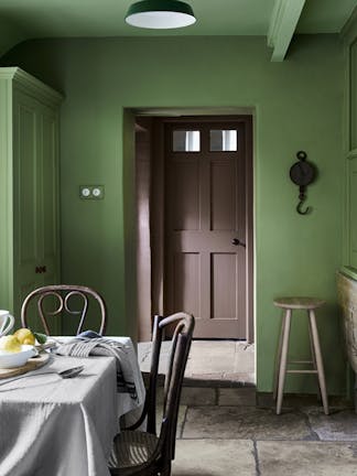 Plafond: Pea Green, Muren & Kasten: Garden, Binnenkant kast: Dock Blue, Verre Muren & Deur: Scullery